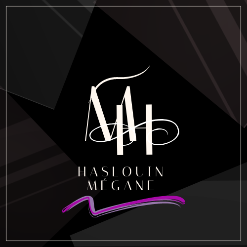 Logo : écriture : megane haslouin, MH en blanc sur fond noir, souligné par des variantes de violet
