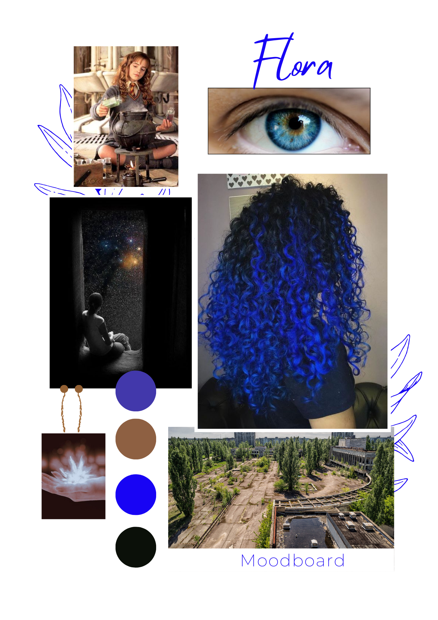 5 images : une fille qui fabrique une potion dans un chaudron, un œil bleu, une femme assises sur le rebord d'une fenêtre qui regarde les étoiles, des cheveux frisés et bleu, une main qui tient de la glace, une ville déserte dans laquelle la nature l'a envahi + 4 cercles de couleur : noir, bleu électrique, marron et bleu foncé.