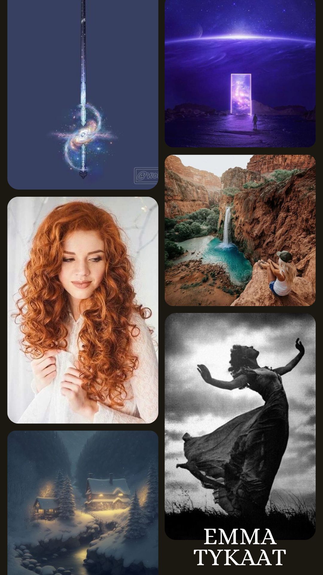 il y a 5 images : une rapière avec une garde de la galaxie, une femme aux cheveux frisés roux, deux maisonnettes enneigés près d'une rivière, une photo en noir et blanc d'une femme qui danse, une femme assises au bord d'une falaise qui donne sur une chute d'eau; une porte qui mène sur de la magie