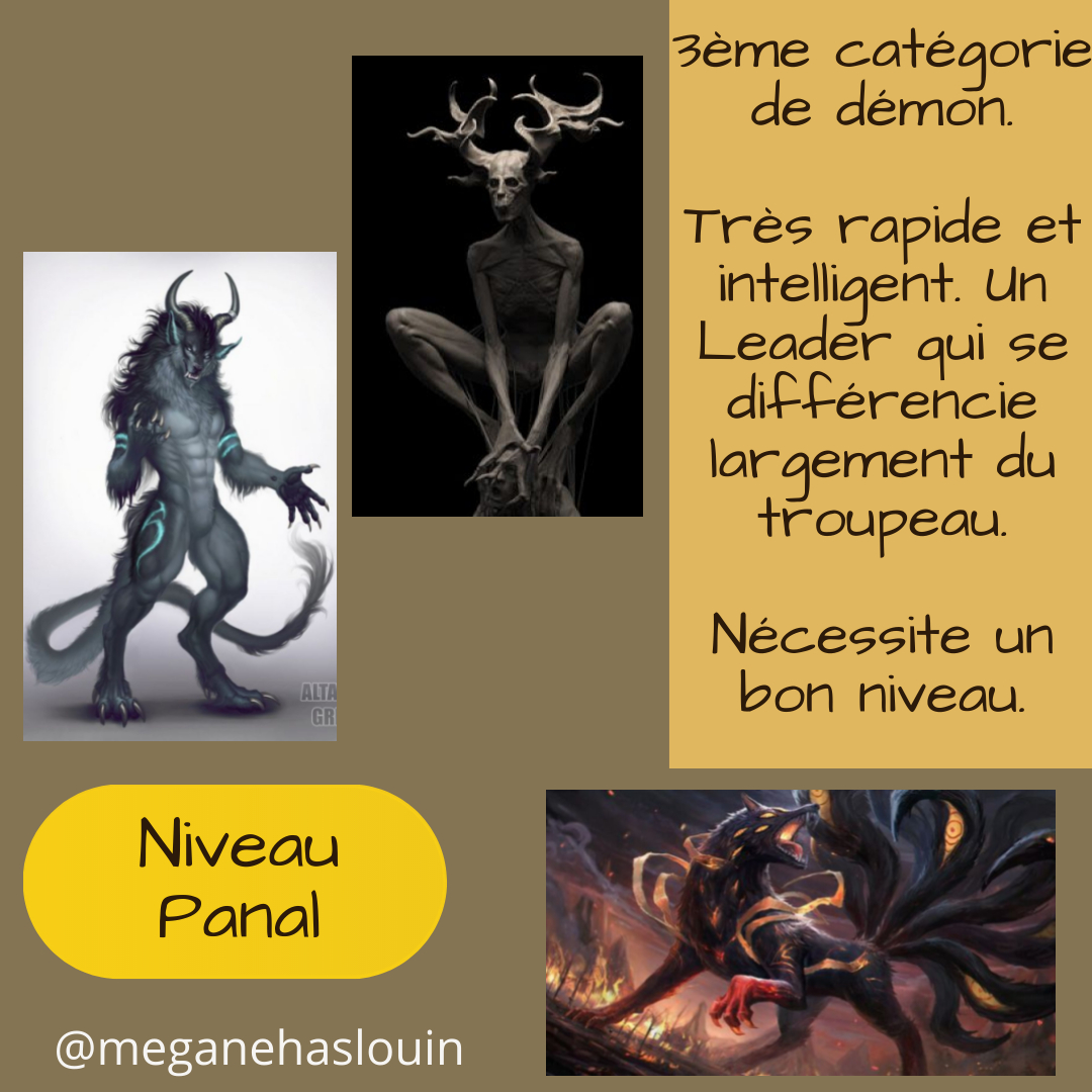 3 images de démon : un loup garou avec des cornes et une longue queue; un wendigo, et un renard à 9 queue