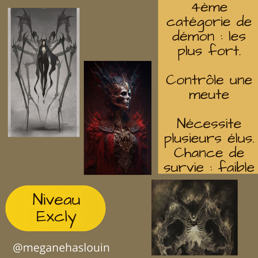 3 photos de démons : une femmes araignée avec plein s de pâtes qui sortent de son dos, un humanoïde squelette qui est habillé en feu et diablo