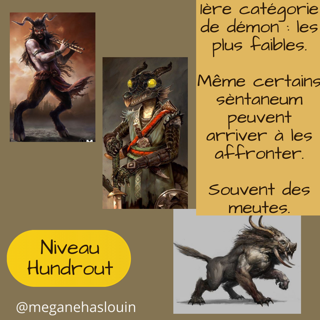 3 image de démons : un satyre, un gobelin à la peau écaillé avec des yeux jaune globuleux et des cornes; et un cochon démon avec des cornes