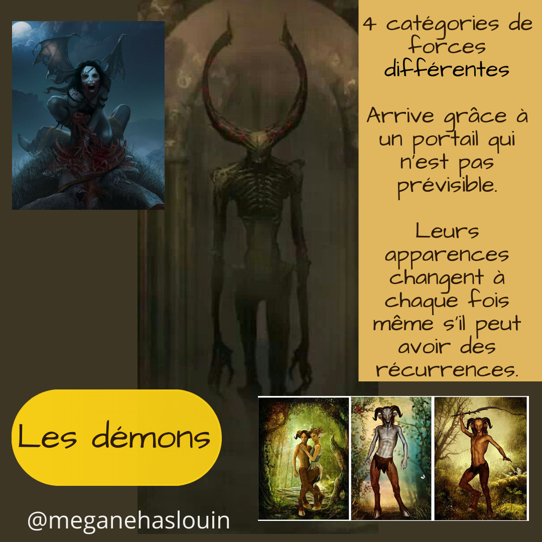 5 images dé démons : un harpie qui tue et mange un homme en train de crier avec du sang sur la bouche et des ailes. un démon squelettique avec de longue cornes et bras. 3 petits satires qui se tiennent de différentes postures : un avec une femme entrelacés, un tout droit, et un qui est prêt à attaque avec une branche au dessus de sa tête